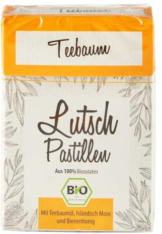 Aries BIO Teebaum Lutschpastillen – Halsbonbons mit Isländisch Moos Extrakt und Bio Teebaumöl – 30g