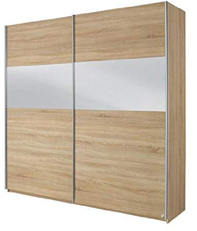 Rauch Möbel Quadra Kleiderschrank, Schwebetürenschrank, 2-türig, mit Spiegel, inkl. Zubehörpaket Basic 2 Einlegeböden 2 Kleiderstangen, Farbe Eiche Sonoma, BxHxT 181x210x62cm