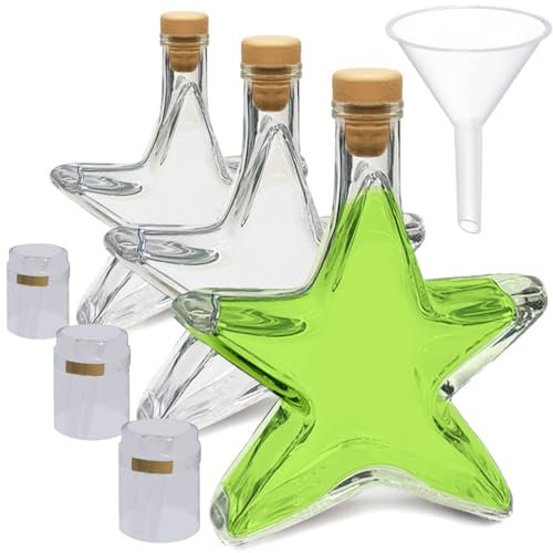 Geniess-Bar! 10 Sternflaschen leer 200ml Stern Weihnachtsflaschen Flasche Sternform Geschenkflasche Sterne 0,2l mit Korken, Kapseln zum Versiegeln & Trichter zum Befüllen