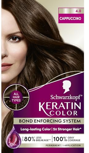 Schwarzkopf Keratin Permanent Hair Dye Cream, 4.0 Cappuccino, Professional Quality Color for Up to 100% Gray Coverage, Bond Enforcing System