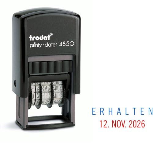 Trodat Printy Dater 4850 Datumstempel mit 2farbigem Kissen blau/rot + Wunschtext, Stempeltext:E R H A L T E N