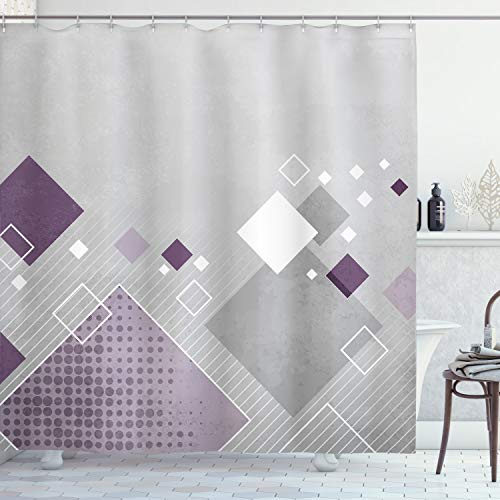 ABAKUHAUS Abstrakt Duschvorhang, Bunte Quadrate Dots, Stoffliches Gewebe Badezimmerdekorationsset mit Haken, 175 x 200 cm, Weiß Grau Lila
