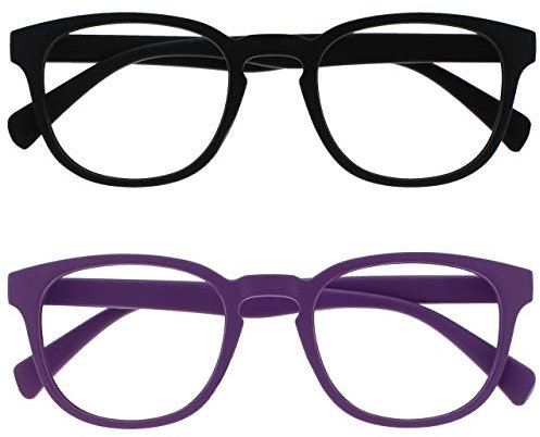 OPULIZE Pop Fernbrille 2er Pack Kurzsichtigkeit Keck Rund Matt Rahmen Federscharniere Kratzfest Schwarz Lila Herren Damen MM2-15 -2.50