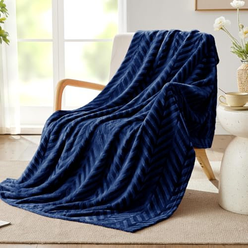 Whale Flotilla Flannel Fleece Throw Blanket for Sofa, 130x150 CM Soft Fluffy Velvet Sofa Blanket with Decorative Chevron Pattern for All Season, Warm and Lightweight, Navy Blue