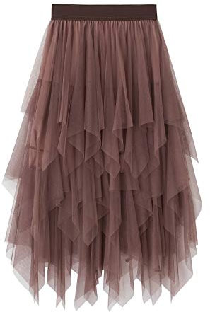 Carolilly Gonna in Tulle Irregolare da Donna Gonna Lunga a Vita Alta Elastica Gonna a Pieghe Donna Balletto Principessa Elegante Minigonna in Pizzo Abito Ragazza(Marrone)