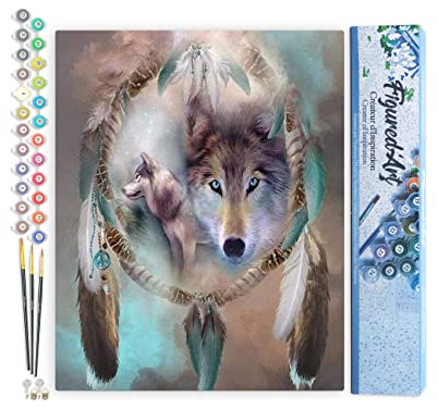 Figured'Art Peinture par Numéro Adulte Loups et Plumes - Activité Manuelle Kit de Loisir Créatif DIY Numéro d'Art Complet - 40x50cm sans châssis en bois