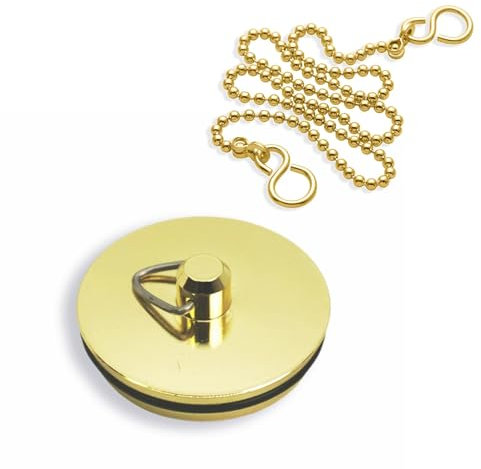 SISI UK ® 45 mm 1,3/4 Zoll messingbeschichteter Badewannen-/Waschbeckenstöpsel aus Metall mit 18 Zoll langer polierter Messing-Kugelkette und S-Haken