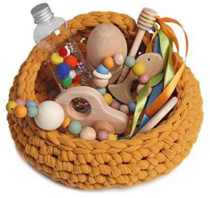 Cesto tesoros bebé. Cesto sensorial bebé. Juego estimulación sensorial Montessori para bebés entre 4 y 18 meses. ¡Más que un juego para el aprendizaje de tu bebé! COLOR MOSTAZA