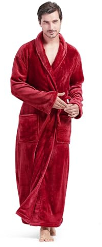 FashGudim Herren-Bademantel, groß, lang, Plüsch-Fleece, lang, für Herren, Bademantel, Schalkragen, warm, Winter-Haus-Bademäntel, rot, 5XL-6XL Groß Tall