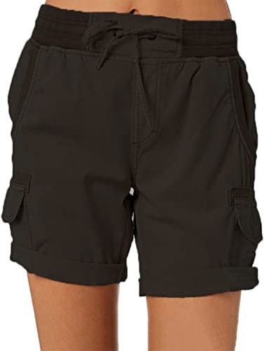 Imuedaen Damen Cargo Shorts Sommer Casual Kurze Hosen Bermuda Stoffhose Outdoorhose Strand Shorts mit Taschen (A Schwarz, XL)