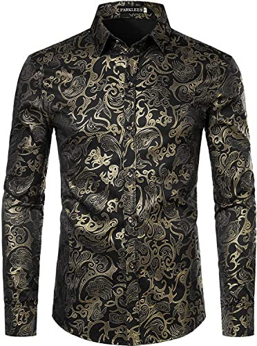 PARKLEES Chemise de luxe pour homme, imprimé élégant, coupe ajustée, boutonnée Motif cachemire doré brillant, L