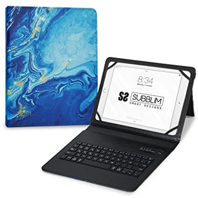 Subblim Funda para Tablet 11”, con Teclado Bluetooth, Teclado Español, Cierre Banda Elástica, Puerto de Carga, Ultra Slim, Keytab Pro Marmol Azul (11, Trendy Marmol Azul)