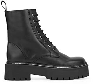 BOSANOVA Botas Militares en Piel con Detalle de Cordones, caña de 15 cm y Suela de Plataforma Dentada de 4,5 cm. Cierre con Cremallera. Calzado para Mujer Negro 39