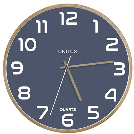 Unilux Moderne Holzrahmen Wanduhr Baltic, Blaues Ziffernblatt 31cm, Ohne Ticken
