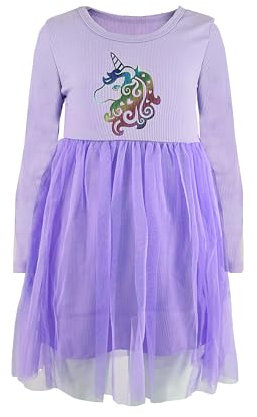 JOPHY & CO. Vestito Ragazza Principessa Unicorno Abito Bambina Festa Tulle Manica Lunga & Manica Corta (cod. 8900) (6 Anni, Lilla 8901)