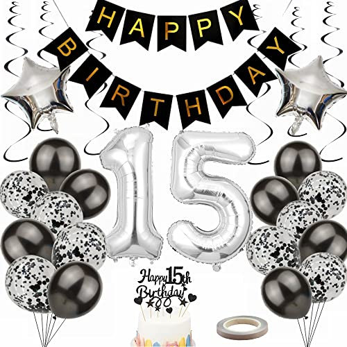 Yunchu Online Luftballon 15. Geburtstag Dekoration 15 Jahr Junge Mädchen Black and Silber Party Deko 15. Geburtstag Junge Party Deko 15 Geburtstag Mädchen Deko Geschenk 15 jahre Geburtstag deko Ballon