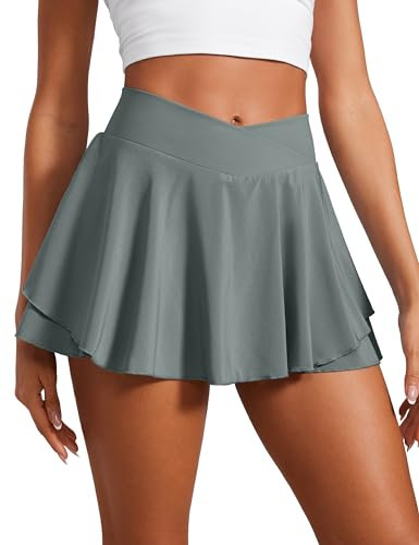 CRZ YOGA Damen Tennis Rock mit Hose Tennisrock Crossover High Waist Skort Golfrock Wanderrock Skater Sport Hosenrock Grauer Salbei 40
