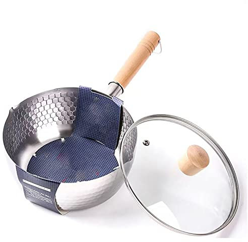 OQHAIR Cacerola Tradicional Japonesa Yukihira Cocina u, Sartén de Leche de Acero Inoxidable 304 Antiadherente con Mango de Madera y Tapa de Vidrio para cocinar en la Cocina, 18 cm / 7 pul