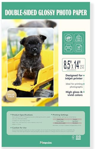 Pikapoka Doppelseitiges glänzendes Fotopapier, 21,6 x 35,6 cm, legale Größe für Tintenstrahldrucker, 50 Stück, 200 g/m²/23,6 kg (P8514WS200DG)