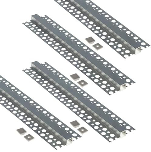 Jandei Packung mit 4 Aluminiumprofilen, 1 m, für die Installation von LED-Streifen in Gips oder Gipskarton, lichtdurchlässiger Diffusor (50,2 mm x 13,2 mm), inklusive Endkappen