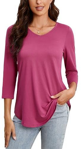 Enmain Womens Long Sleeve Tunic Tops - Ladies Summer V Neck Fuchsia Top Solid Color Curved Hem T Shirt Women Swing Tunics Hot pink 3XL