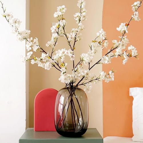 Bacucine 6 ramas artificiales de cerezo de seda de cerezo sintético, tallos altos, flores artificiales para florero, boda, decoración del hogar (blanco)