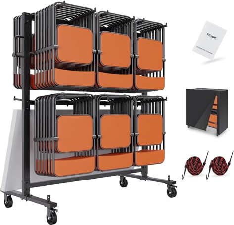 VEVOR Pliante capacité 240 kg, Chariot empilable Mobile Double Couche, Stocker Rangement 84, Support de chaises en Fer 4 roulettes, 2 Cordons élastiques, Housse, Black, 1830 x 860 x 1820 mm