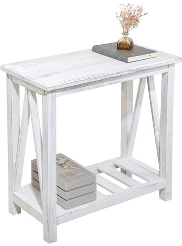 FEUFOAM Beistelltisch aus Holz, rustikaler Vintage-Beistelltisch mit Ablage, 2 Ebenen, schmaler Sofatisch für kleine Räume, Wohnzimmer, Schlafzimmer, Badezimmer, Wohnheim, rustikal, Weiß