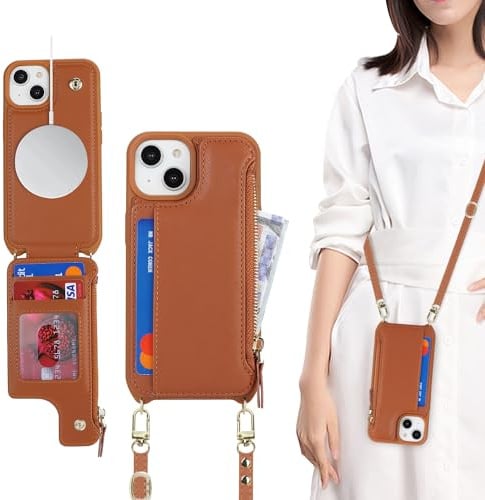 SailorTech for iPhone 13 Case with Credit Card Holder magsafe, iPhone 13 Phone Leather Case Wallet for Men Crossbody with mag safe Zipper Shockproof Case for Women - Brown