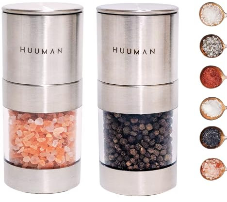 Huuman Manual Salt and Pepper Grinder Set with Adjustable Coarseness Ceramic Burr, Stainless Steel Refillable Salt and Pepper Grinder Set for Pink Himalayan Salt, Table Salt, and Black or White Pepper