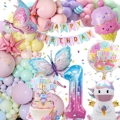 1 Jahr Geburtstagsdeko Mädchen, Deko Luftballons Kindergeburtstag, Einhorn Kindergeburtstag Deko, 1 Jahr Happy Birthday Deko, Einhorn Schmetterling Folienballon Geburtstag Deko für 1Jahr Mädchen