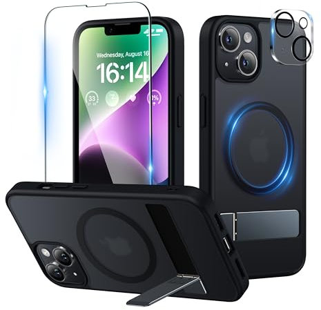 Niunisi Coque pour iPhone 14 Plus - 6,7,Compatible avec MagSafe Support Fin avec Stand Magnétique Case avec Verre Trempé pour iPhone 14 Plus Protection Militaire Cover, Noir Mat