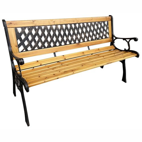 AKORD Gartenbank MIRT | Bank Garten mit Lackiertem Holz und Gusseisernen Beinen | Sitzbank Draußen Wetterfest | Outdoor Holzbank | Gartenbänke mit Armlehne | Parkbank | Breite 127 cm | Braun