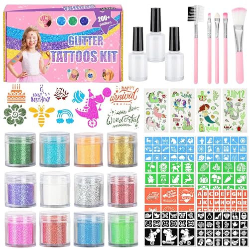 Glitzer Tattoo Set Kinder,TemporäRe Glitzertattoos Kinder Set Mit 12 Farben (Je 5 Gramm),159 Tattoos Schablonen Inkl,5 Pinsel & 3 Kleber,Geschenk füR MäDchen Jungen Geburtstag Party Weihnachten