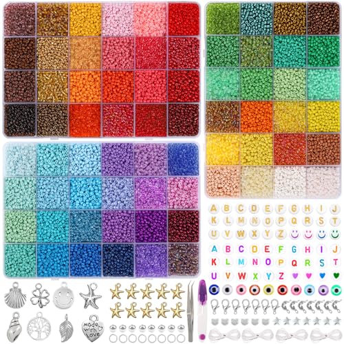 DIYDEC 25000 Stück Perlen für Armbänder, 48 Bunte Rocailles Armbänder Mini Perlen Set zum Auffädeln für Schmuckherstellung DIY Halsketten Handwerk