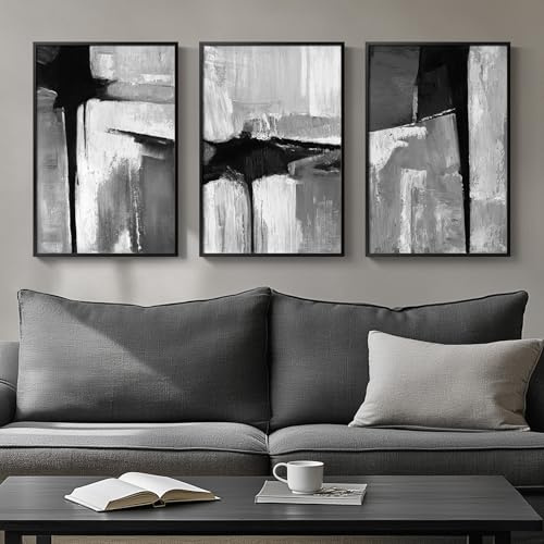 Abstrakte moderne schwarz-weiße gerahmte graue Wandkunst, Set mit 3 Stück, große Leinwandbilder für Wände, minimalistische Kunstdrucke für Wohnzimmer, Flur, Schlafzimmer