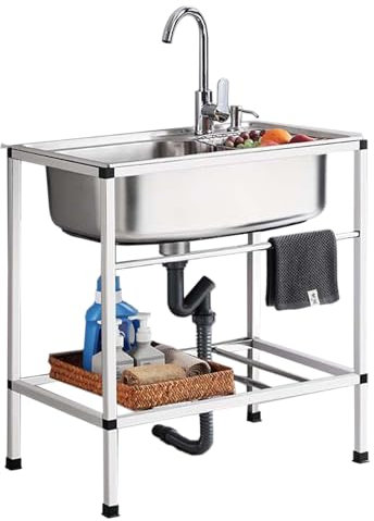 Fregadero Independiente de Acero Inoxidable con Grifo, Fregadero de Cocina Comercial con Estante de almacenamiento, Kit de drenaje para Restaurante, Bar, Lavanderías, Camper