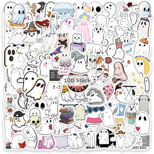 100 Stück Cartoon Gespenst Aufkleber, Wasserdichte Selbstklebender Vinyl Scrapbook Graffit-Aufkleber für Wasserflasche, Laptop, Tasse Kinder, Jugendliche und Erwachsene Niedliche Geister Aufkleber