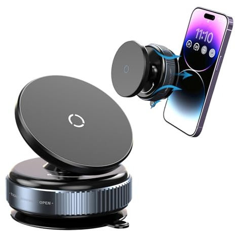 Bigougem Vacuum Magnetic Phone Holder Stand, Car Phone Mount 360° Adjustable High Stability Anti-Shake & Suction Cup Strong Magnetic Adsorption Bracket (Black)