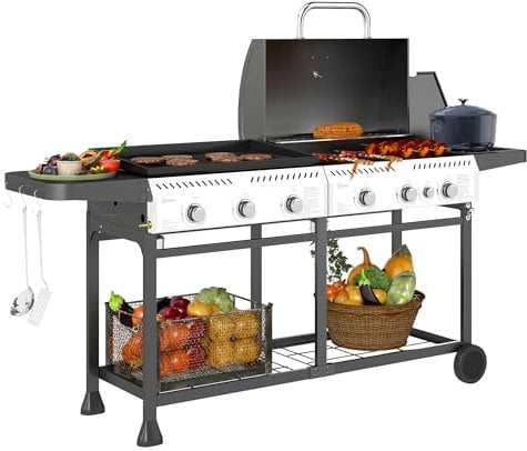 Outsunny 2-in-1 Gas BBQ and Plancha Grill, 6+1 Burner Propane Gas Barbecue with Wheels, Warming Rack, Shelves, Thermometer, Bottle Opener for Garden Party Festival, Black
