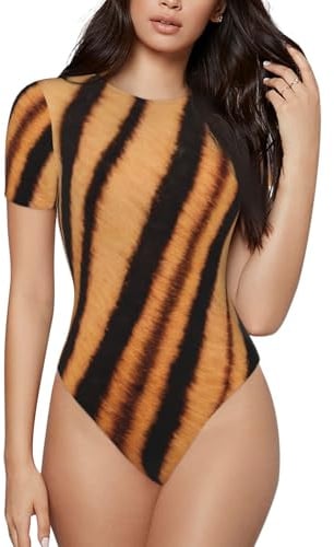 Bryptxztxt Kurzärmeliger Damen-Body mit Tigerstreifenmuster, Rundhalsausschnitt, lässiger Body, T-Shirts, dehnbar, schmale Passform, Gymnastikanzug, Größe 3D, S