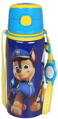 Paw Patrol BOTTIGLIA TERMICA in alluminio, boccaglio, BOTTIGLIA D'ACQUA con tracolla, per ragazzo 600ml (A)