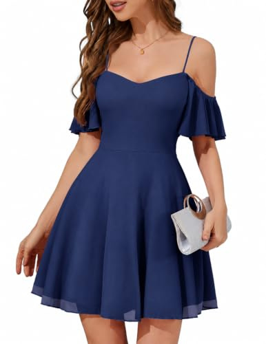 Meetjen Damen Sparkly Off Shoulder Ballkleid 2025 A-Linie Tüll Spaghettiträger Kurze Cocktailkleider