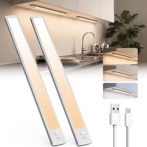 TANSOOL+ Schrankbeleuchtung Unterbauleuchte Küche LED mit Bewegungsmelder | 50cm Aufladbar Küche Licht, USB-C Kabellos Dimmbar Schranklicht, 3 Farbtemperaturen Nachtlicht - 2 Stück