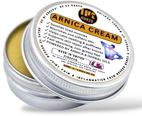 Huked® Baume à l'arnica 30 g – Baume naturel confort pour le corps avec Newbouldia Laevis et Arnica, beurre de karité, menthe poivrée – Mélange botanique apaisant, fait à la main au Royaume-Uni sans