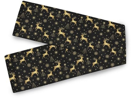 Extra langer saisonaler Tischläufer, Weihnachten, Schwarz-Gold, Hirsch, Stern, Baum, Schneeflocke, weicher Stoff, Läufer, Herbstdekoration, Party, Urlaub, Zuhause, Küche, 33 x 228 cm