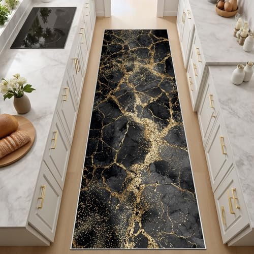 Luxuriöse Marmor Truktur Blattgold Optik Teppich Läufer Flur Rutschfest 60x120 cm Flauschig Küchenteppich Schwarzer Und Goldener Marmor Waschbar Flur Teppich für Schlafzimmer Wohnzimmer Bettvorleger