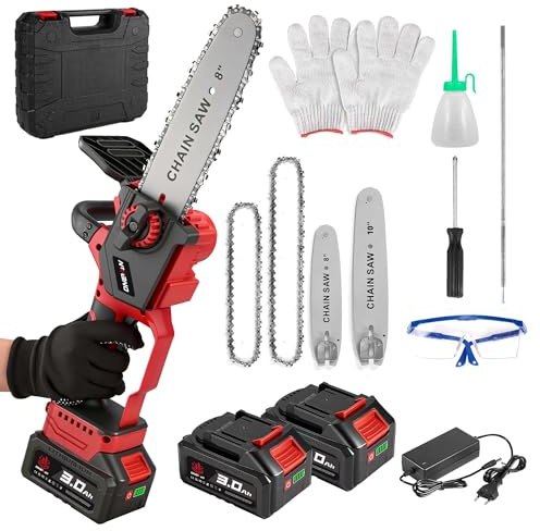 ONEVAN Motosierra inalámbrica, 8 y 10 pulgadas, lubricación automática | Con 2x 3.0Ah baterías, diámetro de corte 20 cm, velocidad de corte 10m/s, sustitución de la espada sin herramientas