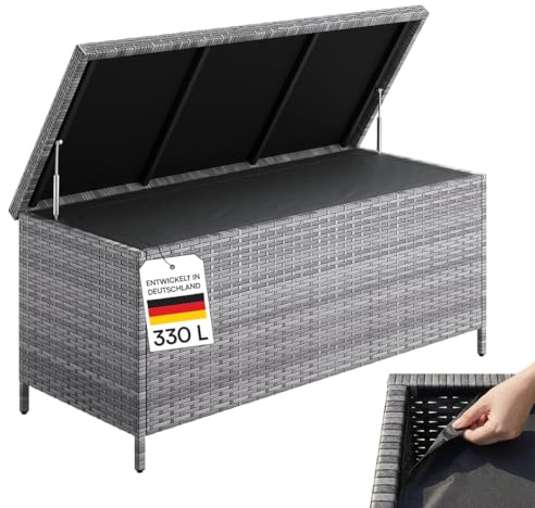 STEELSØN Serion Gartenbox 140 cm breit, Grau, aus Rattan, wetterfest | Outdoor Auflagenbox 140x62x61 cm, Aufbewahrungsbox mit klappbarem Deckel, Gartenkiste mit Stahlgestell, Kissenbox, Truhe