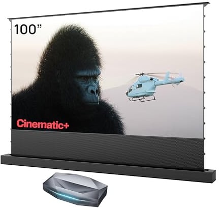 AWOL VISION Aetherion Max + 100 Zoll ALR-Bodenleinwand-Set – 4K UHD HDR10+, Dolby Vision und Atmos, Ultrakurzdistanzprojektor mit dreifachem RGB-Laser für Heimkino und Gaming
